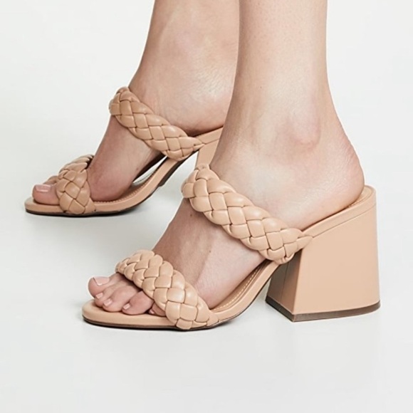 SCHUTZ Shoes - SCHUTZ Elida Braided Leather Chunky Block Heel Slide Sandals Honey Beige Size 8